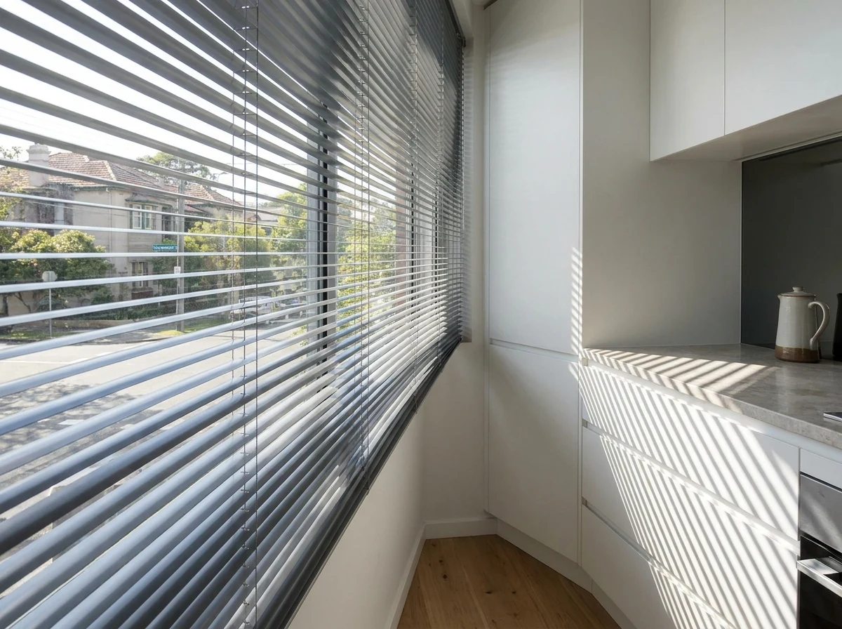Aluminium venetian blind with slim grey slats tilted open over a compact apartment kitchen window in Claremont