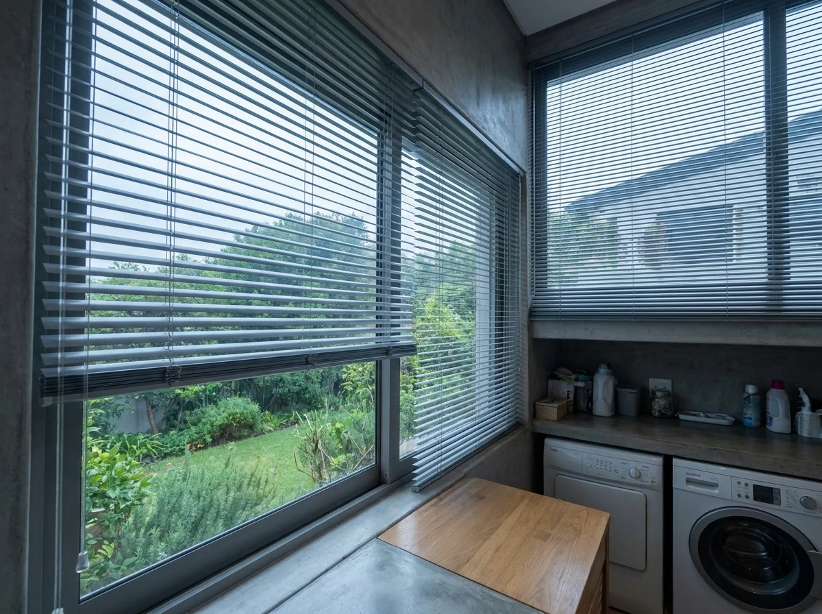 Aluminium venetian blind with slim slats over a laundry-room window in a Newlands home, damp-tolerant sealed finish