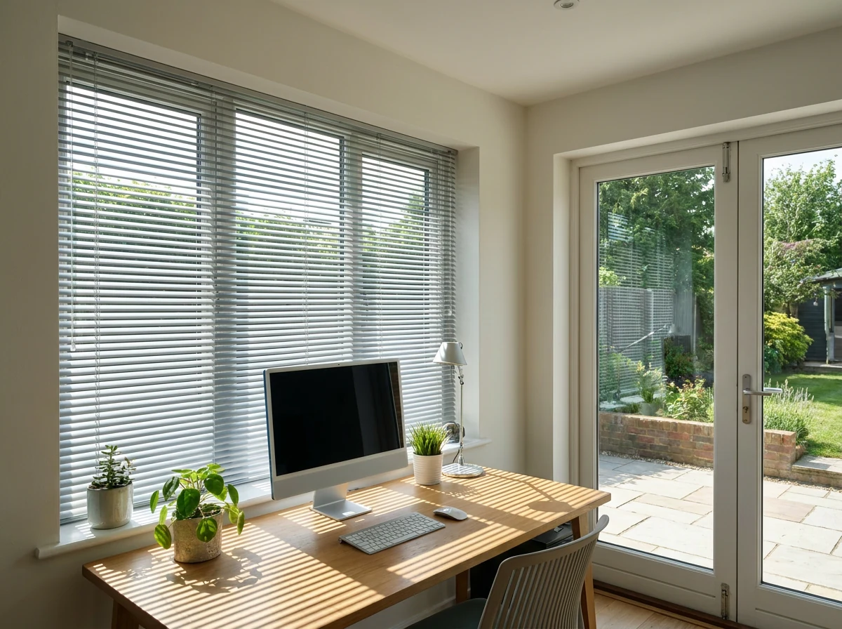 Aluminium venetian slats tilted open over a Bishopscourt home-office window beside patio doors