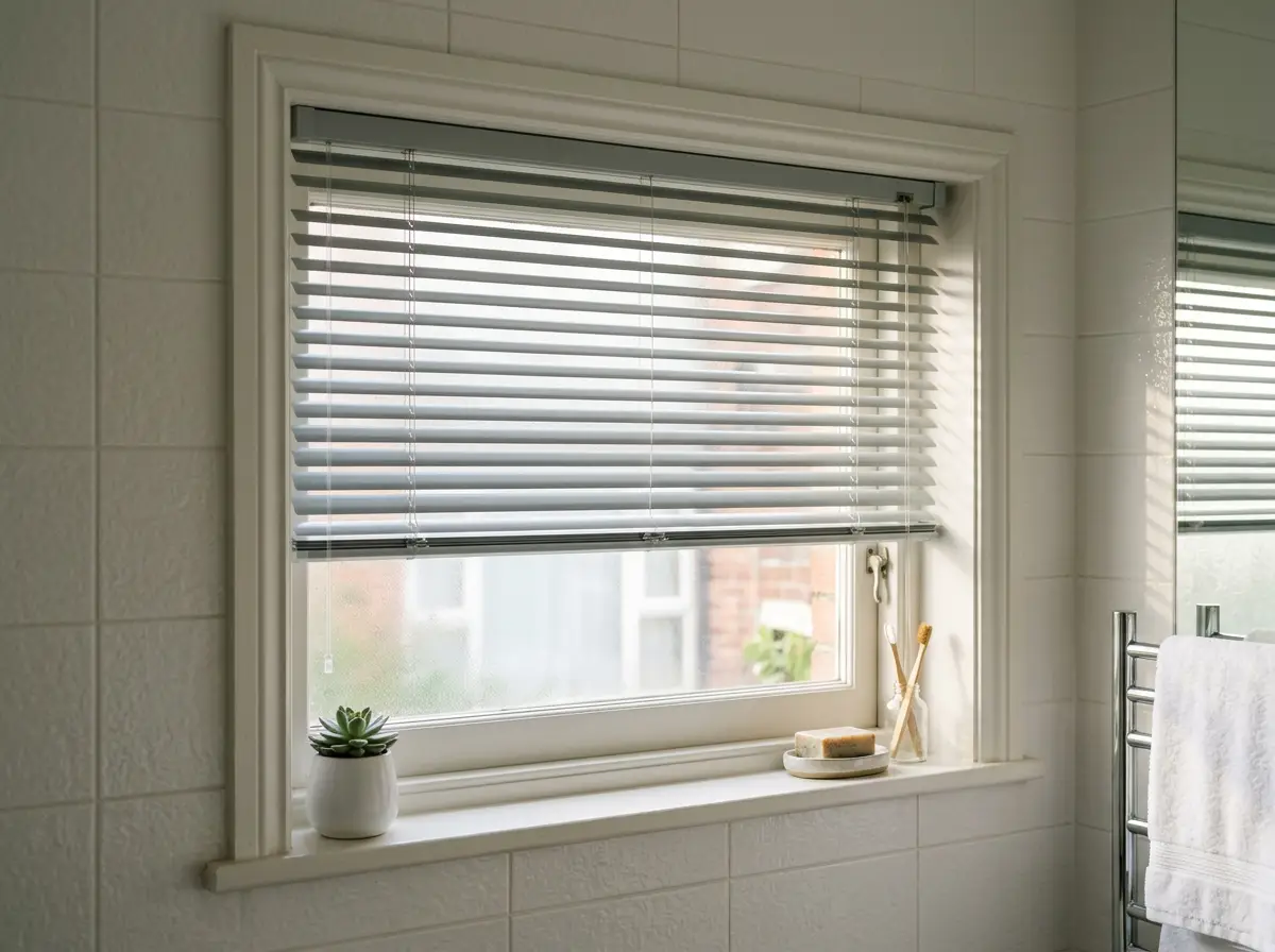 Slim pale-grey aluminium venetian slats tilted half-open across a small Claremont apartment bathroom window, morning light diffusing through