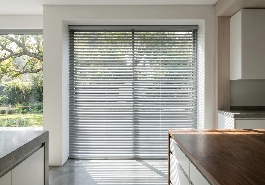 Slim aluminium venetian slats across a full-height Bishopscourt kitchen window, mid-morning light striping the concrete floor