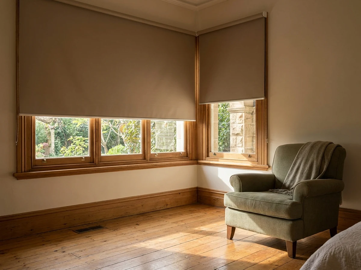 Blockout roller blind part-lowered over a corner bedroom window in a Rondebosch Victorian-style home, warm taupe fabric