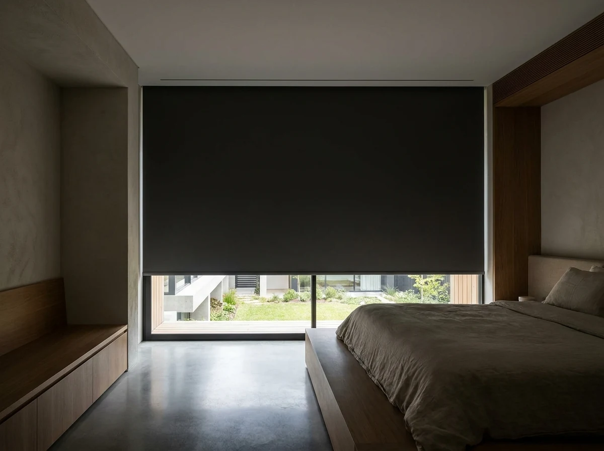 Blockout roller blind fully extended from a slim architectural ceiling recess over a Bishopscourt bedroom window