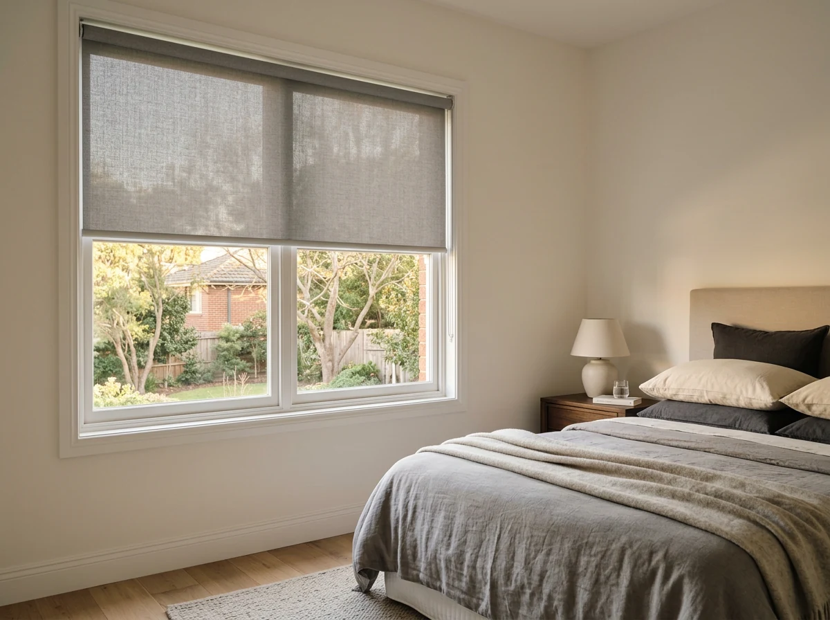 Soft grey blockout roller blind lowered halfway over a Bishopscourt guest bedroom window beside a made bed