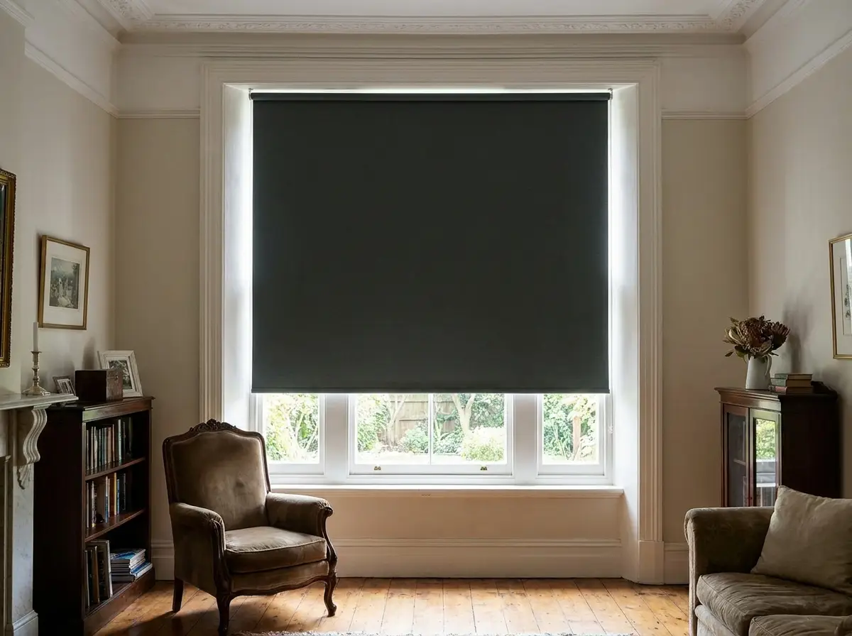 Blockout roller blind fully lowered over a living-room window in a Rondebosch Victorian-style home, deep charcoal fabric