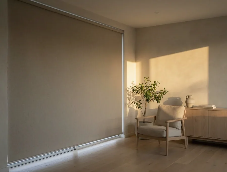 Blockout roller blind lowered over a wide bedroom window in a Bishopscourt home, one smooth fabric sheet with no folds