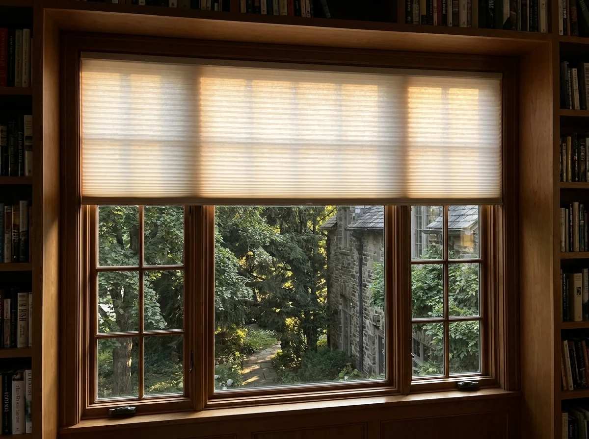 Cellular honeycomb blind fully lowered over a study window in a Newlands home shaded by tall trees, warm light glowing through the cells