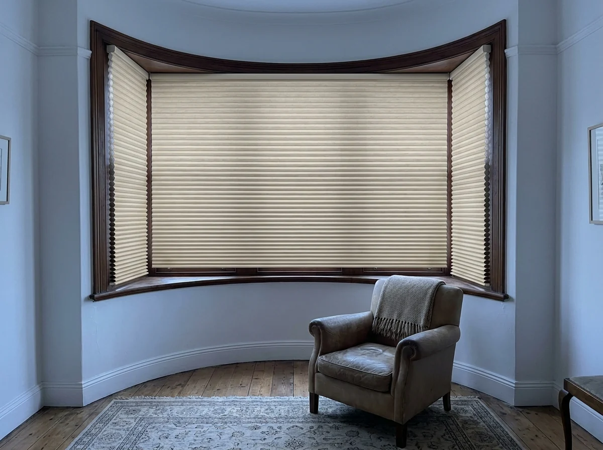 Cellular honeycomb blind over a bay window in a Rondebosch period home, pleated cells catching cool morning light