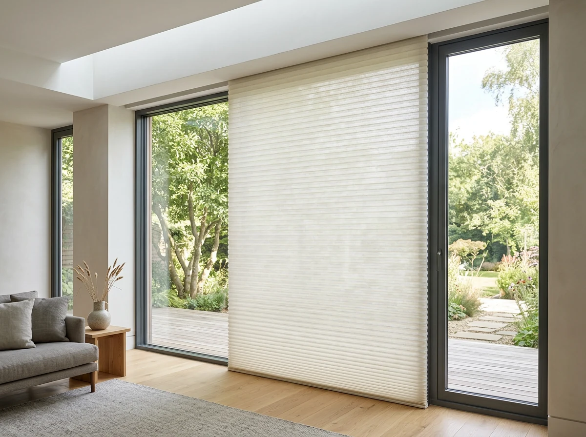 Cellular blind housed in a slim ceiling recess above a full-height Bishopscourt window, pleated cells extended