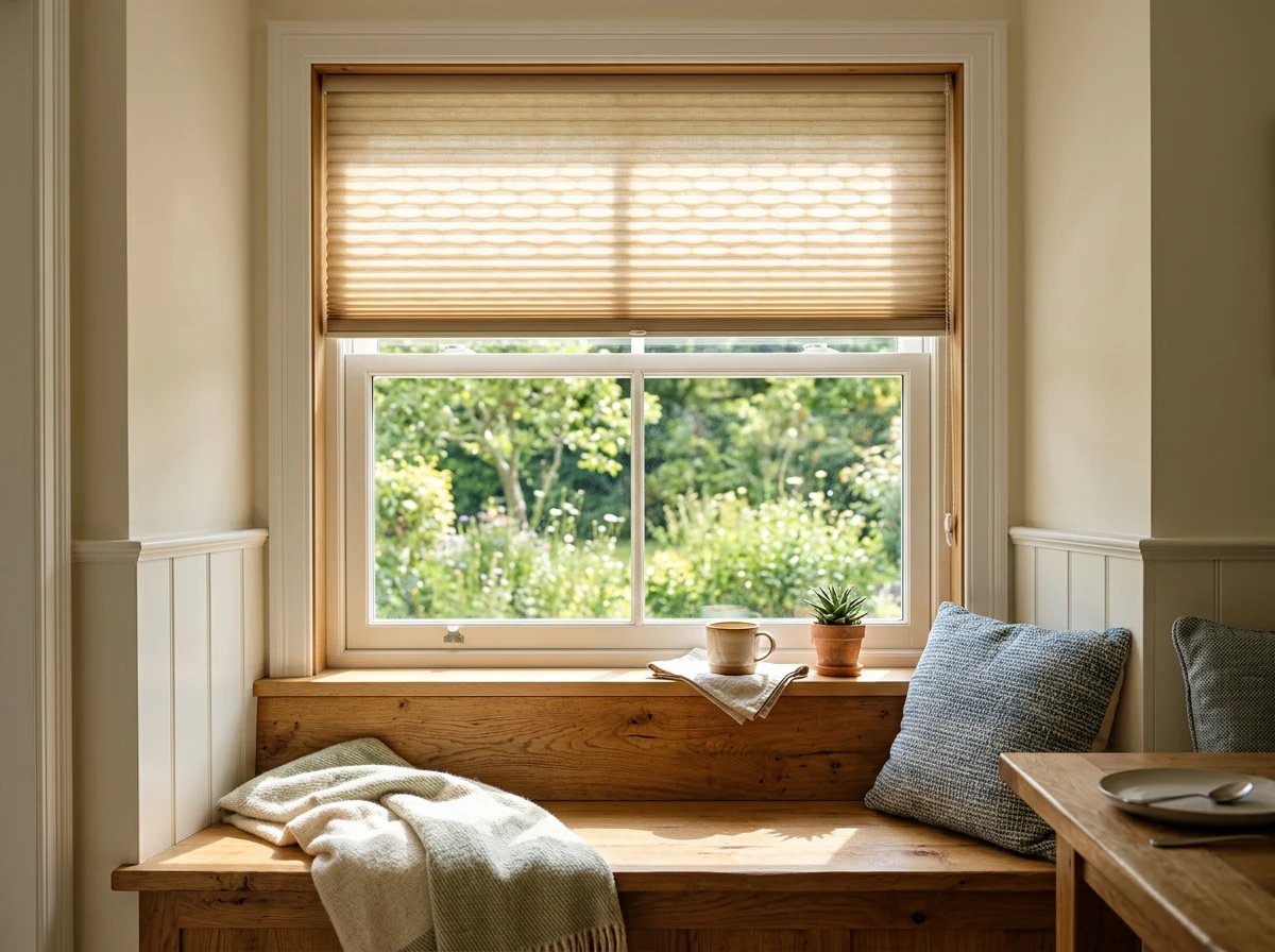 Cellular honeycomb blind half-raised over a breakfast-nook window, morning light glowing through the pleated cells