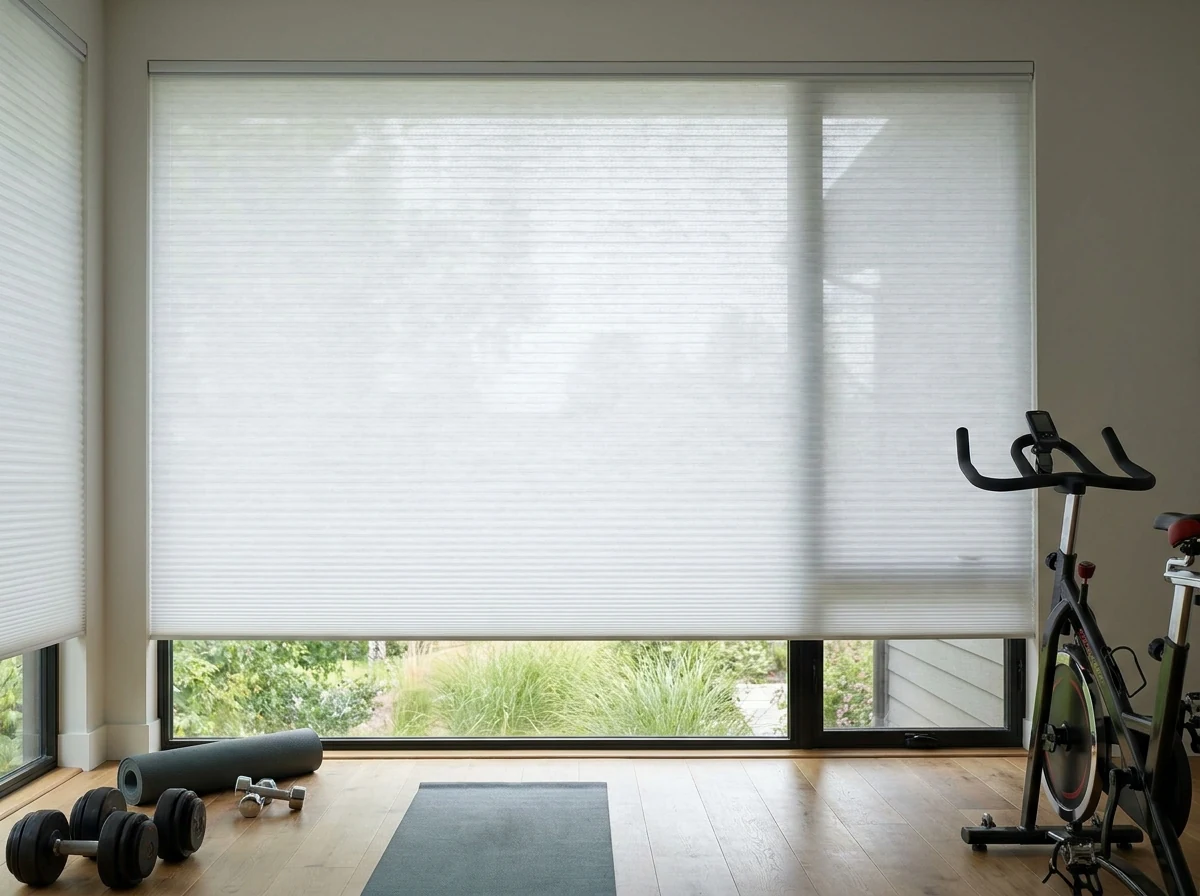 Cellular blind lowered over a Bishopscourt home-gym window, double-cell fabric spreading bright daylight evenly