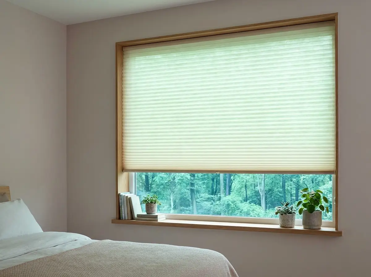 Cellular honeycomb blind fully lowered over a bedroom window in a forest-facing Newlands home, cool green forest light glowing through the pleated cells