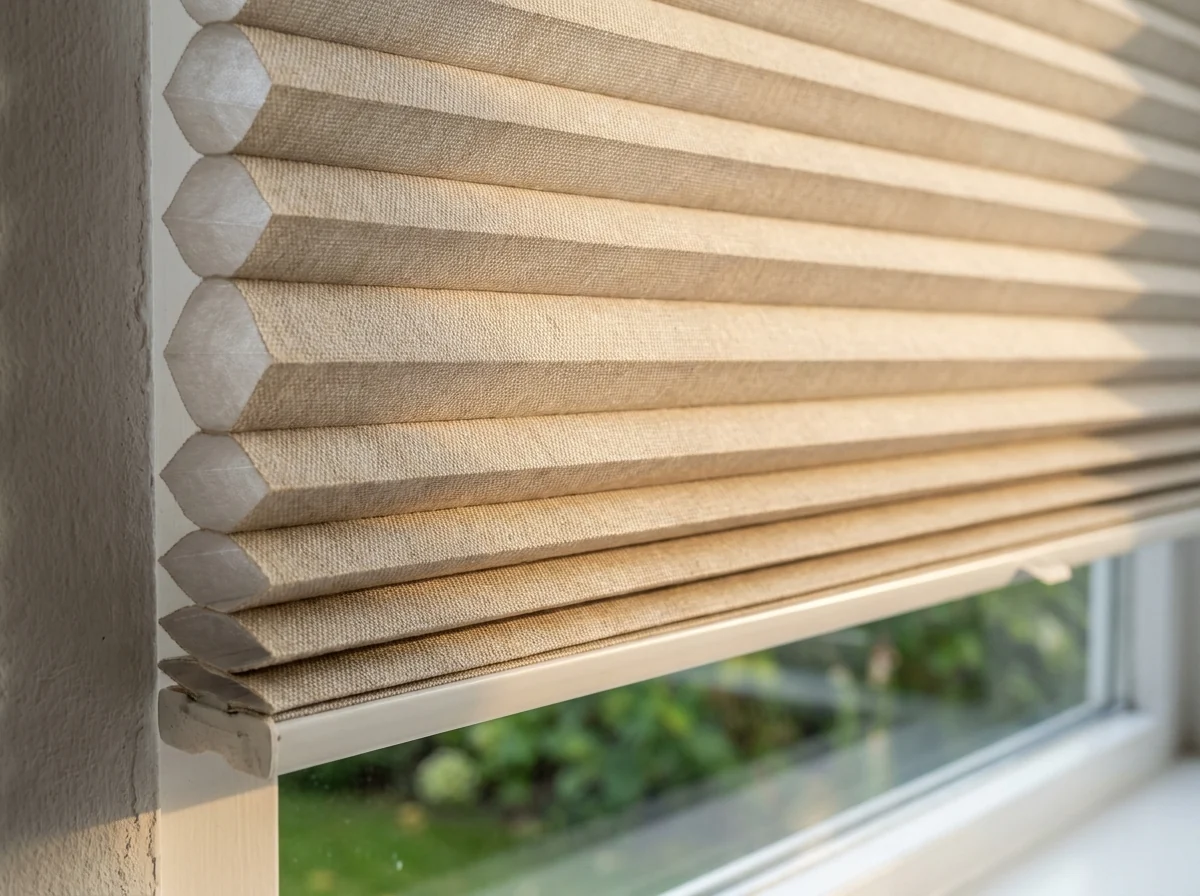 Close-up along the head of a cellular blind in a Bishopscourt window reveal, the fabric cells visible in profile against the plaster