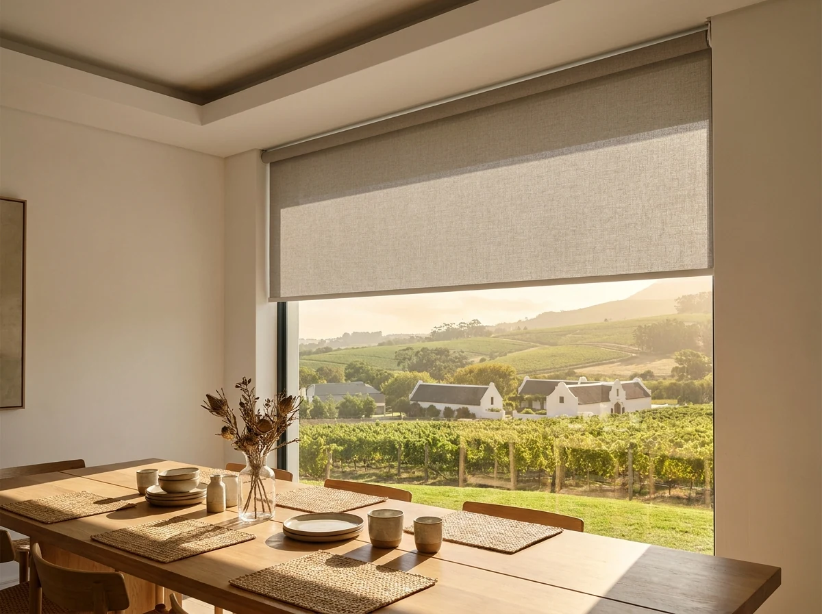 Concealed roller blind dropping from a ceiling recess above a dining-room window overlooking a Constantia vineyard
