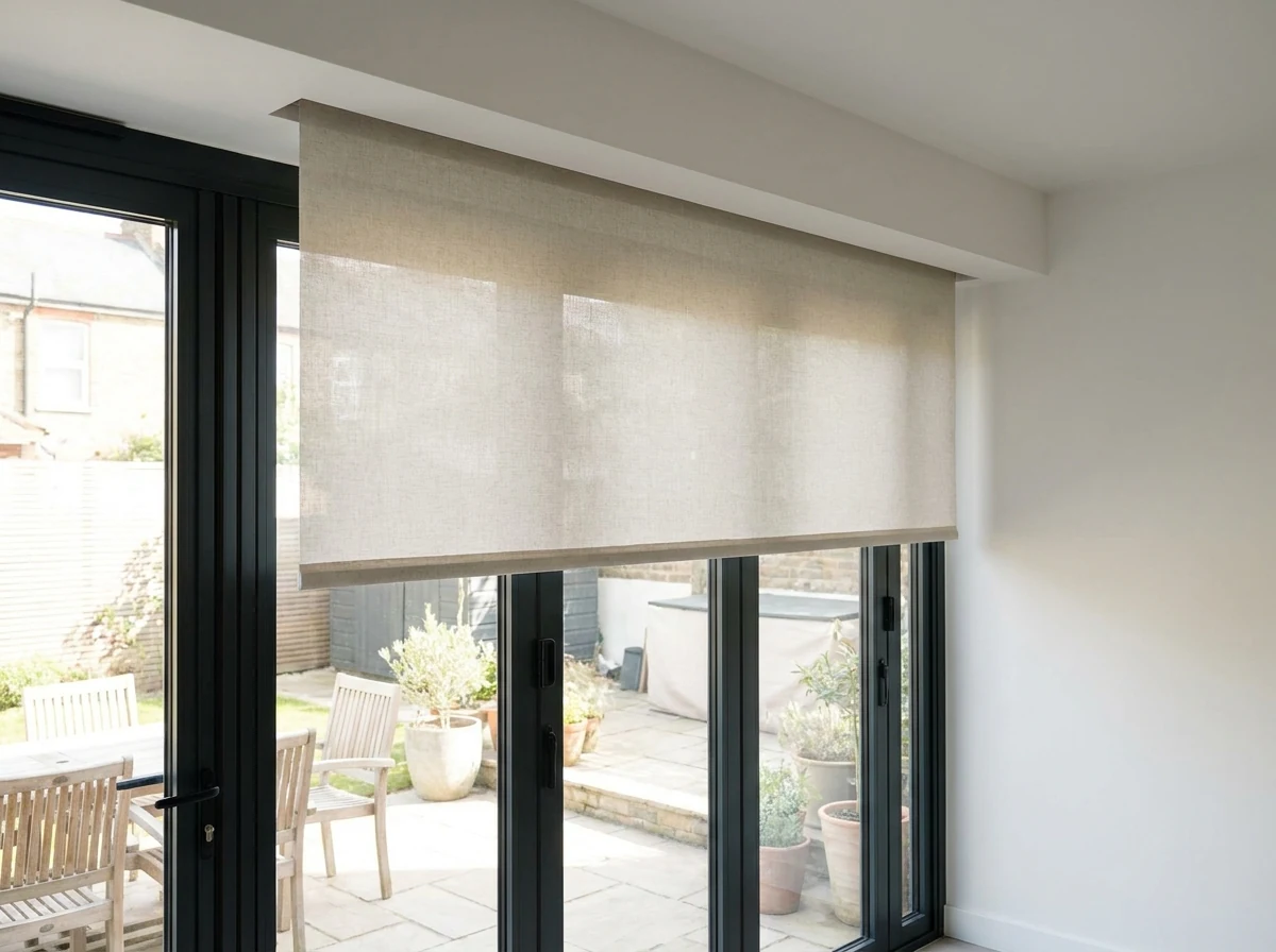 Concealed roller blind dropping from a slim ceiling slot above stacking glass doors onto a Bishopscourt patio