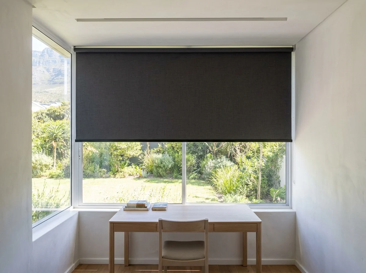 Charcoal roller blind lowered flat and square across a Bishopscourt home-office window, no cord or chain within reach of the desk