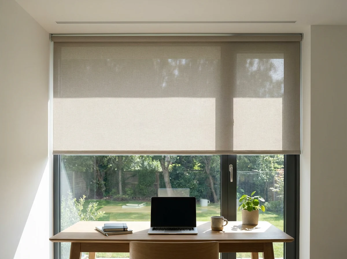 Concealed roller blind dropping from a slim ceiling recess above a home-office window, fabric lowered halfway