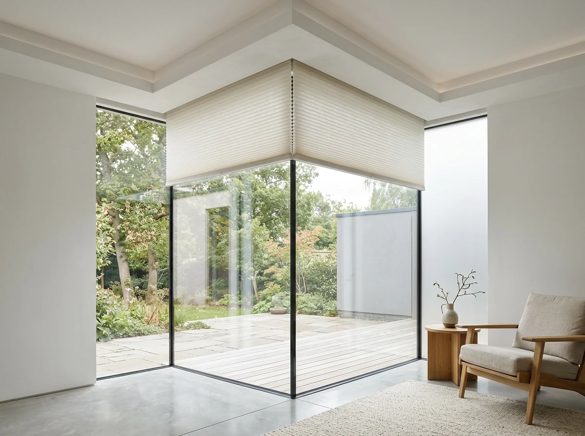 Cellular blind fabric dropping from a plastered ceiling bulkhead above a frameless corner window in a Bishopscourt house
