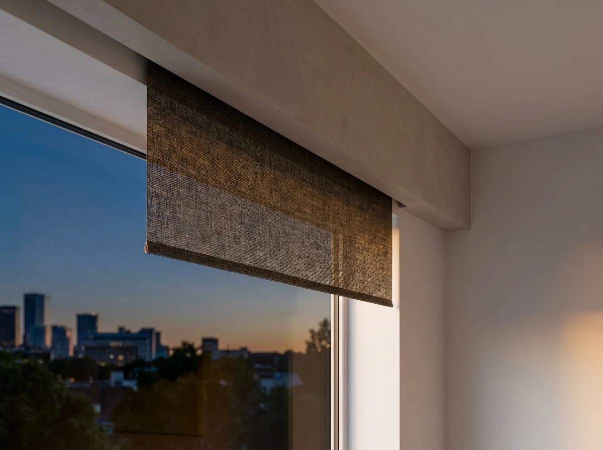 Motorised blind fabric dropping from a plastered ceiling bulkhead in a Bishopscourt room, motor housing hidden inside