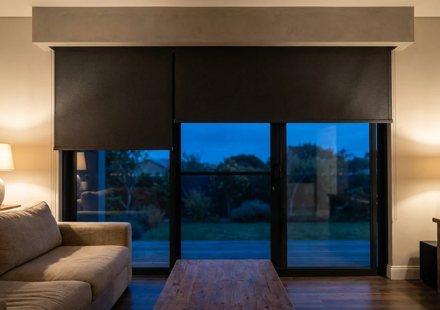 Charcoal blockout fabric dropping from a plastered ceiling bulkhead above Bishopscourt patio doors at dusk, headbox hidden in the ceiling line