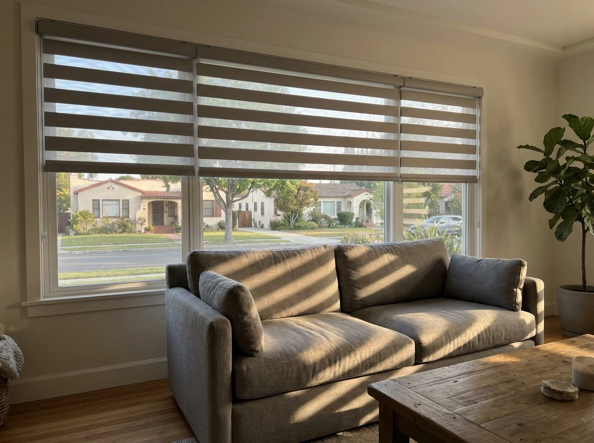 Double roller day-and-night blind set half-open over a Claremont living-room window, sheer and blockout bands alternating