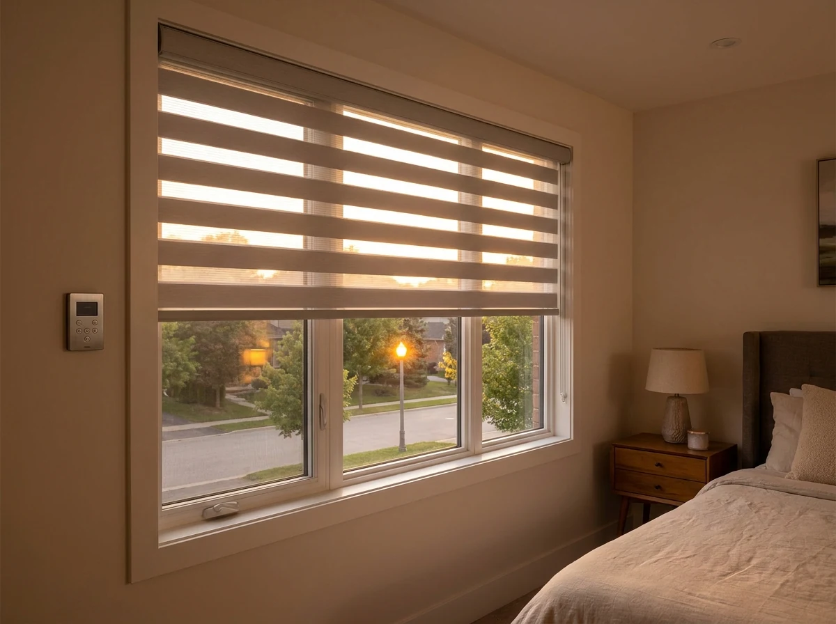 Motorised day-and-night blind over a Bishopscourt bedroom window, sheer and blockout bands aligned, small wall control beside the frame