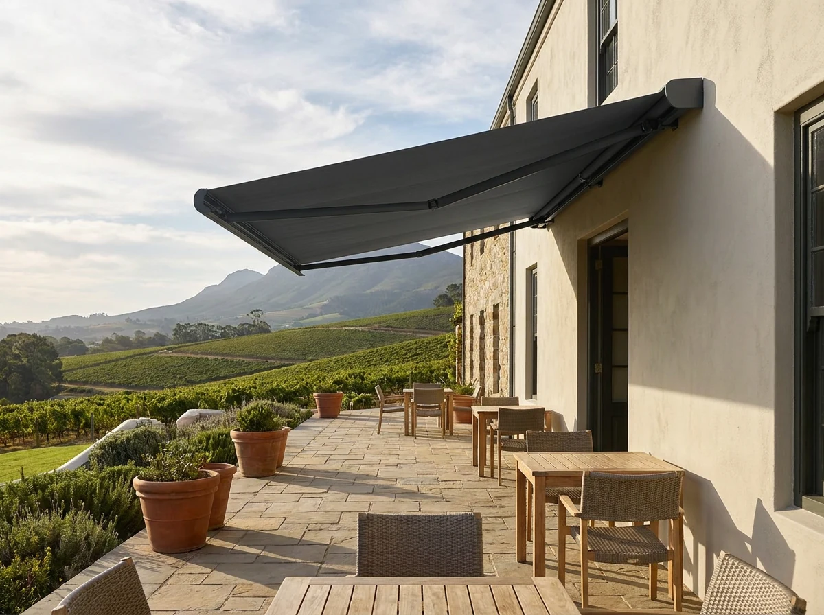 Full-cassette folding-arm awning mounted above a wine-estate-style terrace in Constantia, cassette closed flush to the wall