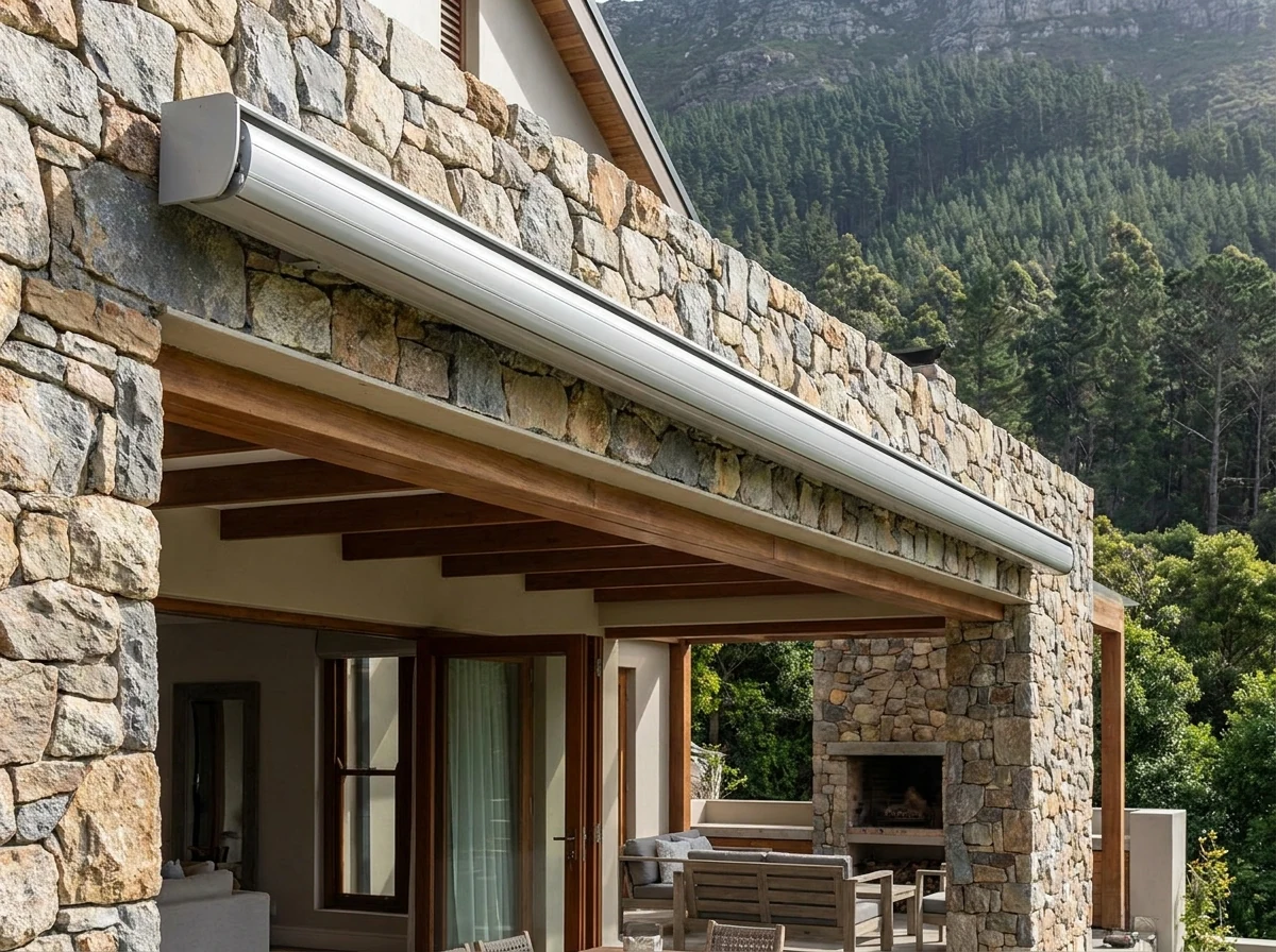 Full-cassette folding-arm awning above a covered patio in a Newlands home, forested mountain slope visible beyond