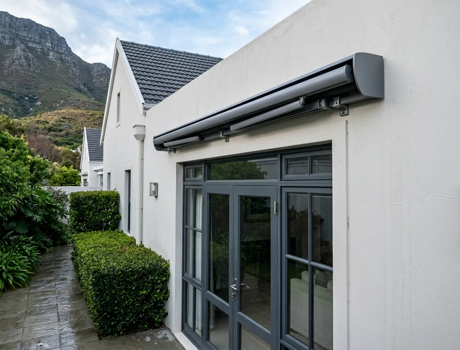 Full-cassette folding-arm awning closed into its sealed aluminium headbox above Bishopscourt patio doors, mountain slope behind the roofline