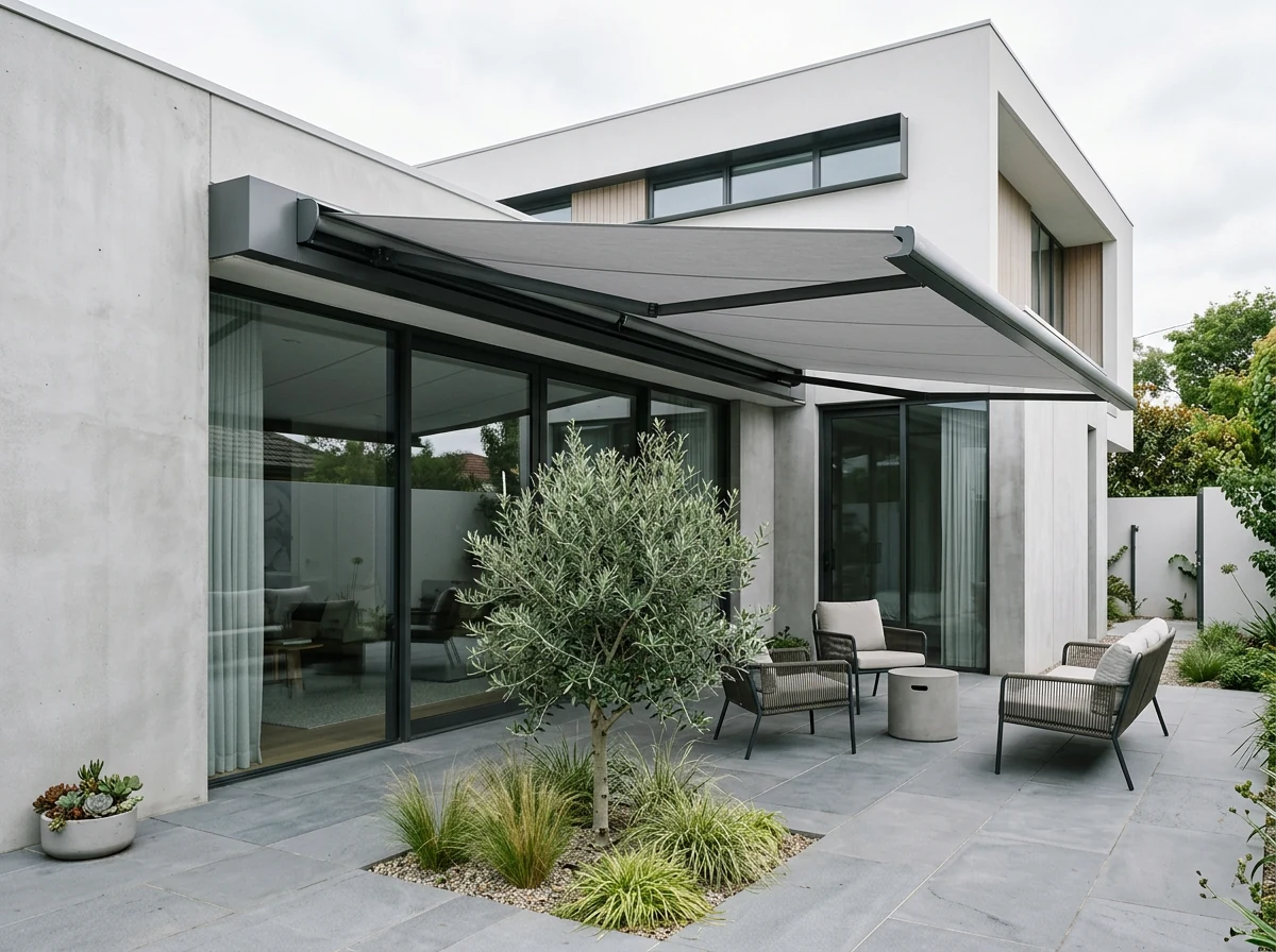 Motorised folding-arm awning extended above a clean-lined Bishopscourt courtyard, cassette headbox fully enclosed