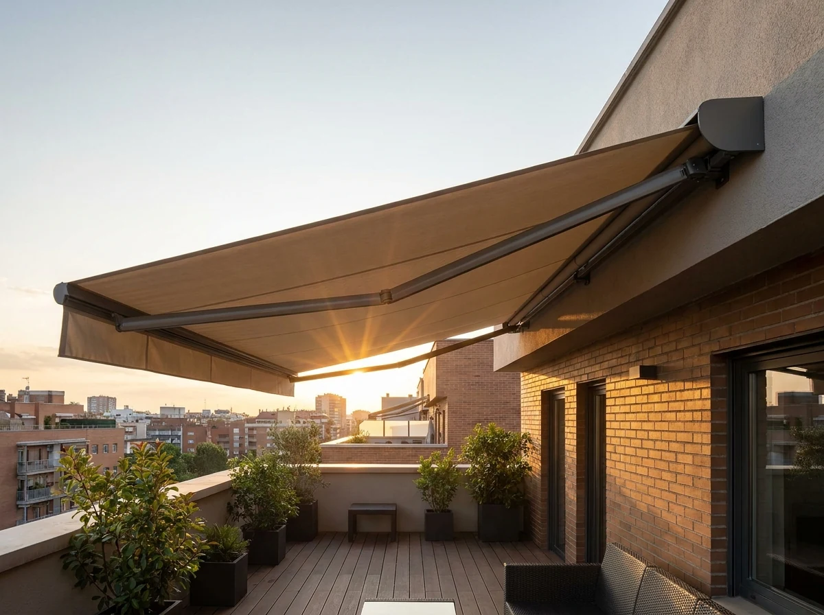 Motorised folding-arm awning extended over a Bishopscourt rooftop terrace, cassette headbox mounted beneath the parapet
