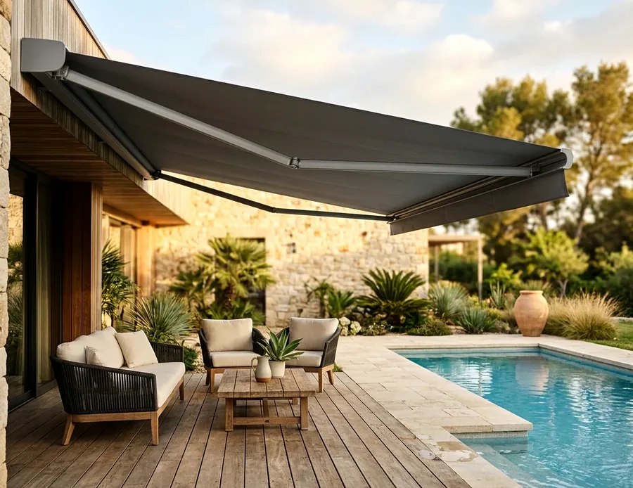 Motorised folding-arm awning extended over a Bishopscourt deck, cassette headbox mounted on the wall above