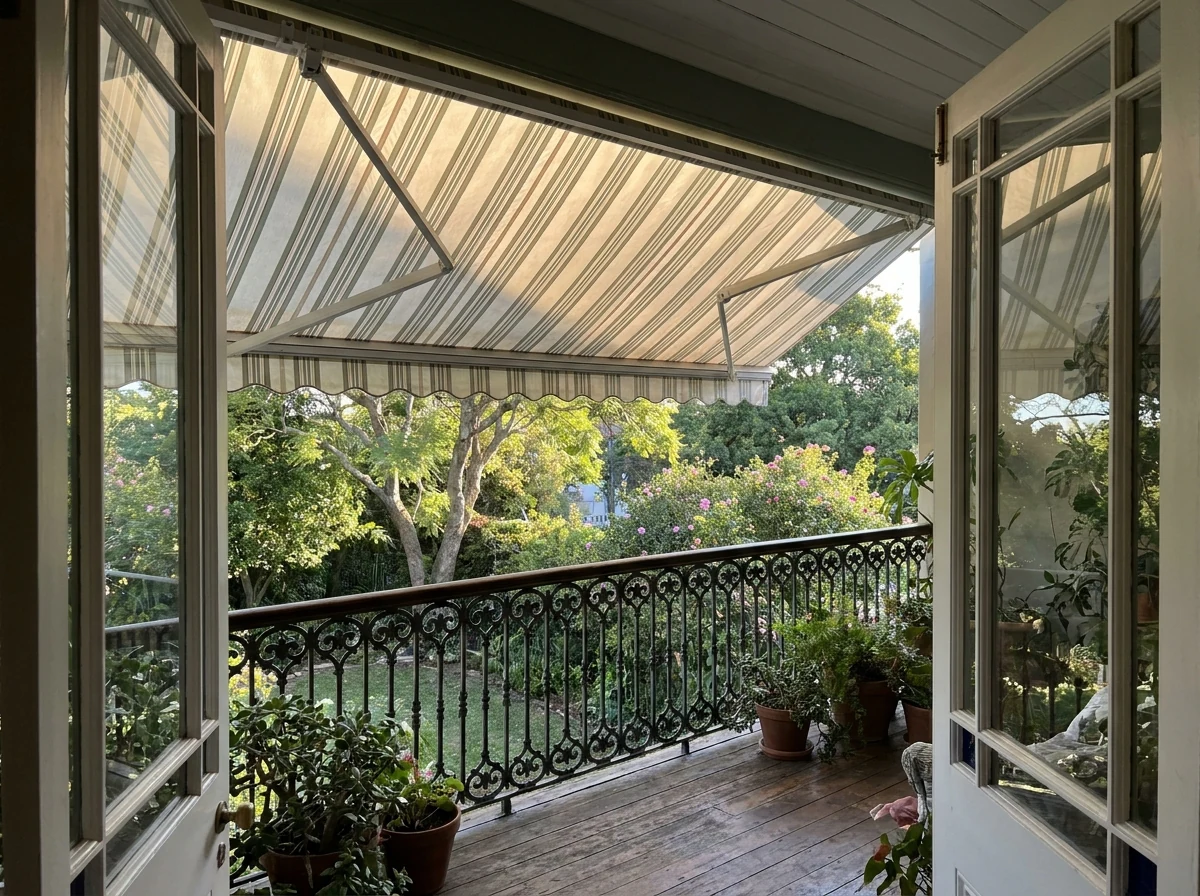 Folding-arm awning extended over a small Victorian-style veranda in Rondebosch, fabric canopy shading a wrought-iron balustrade
