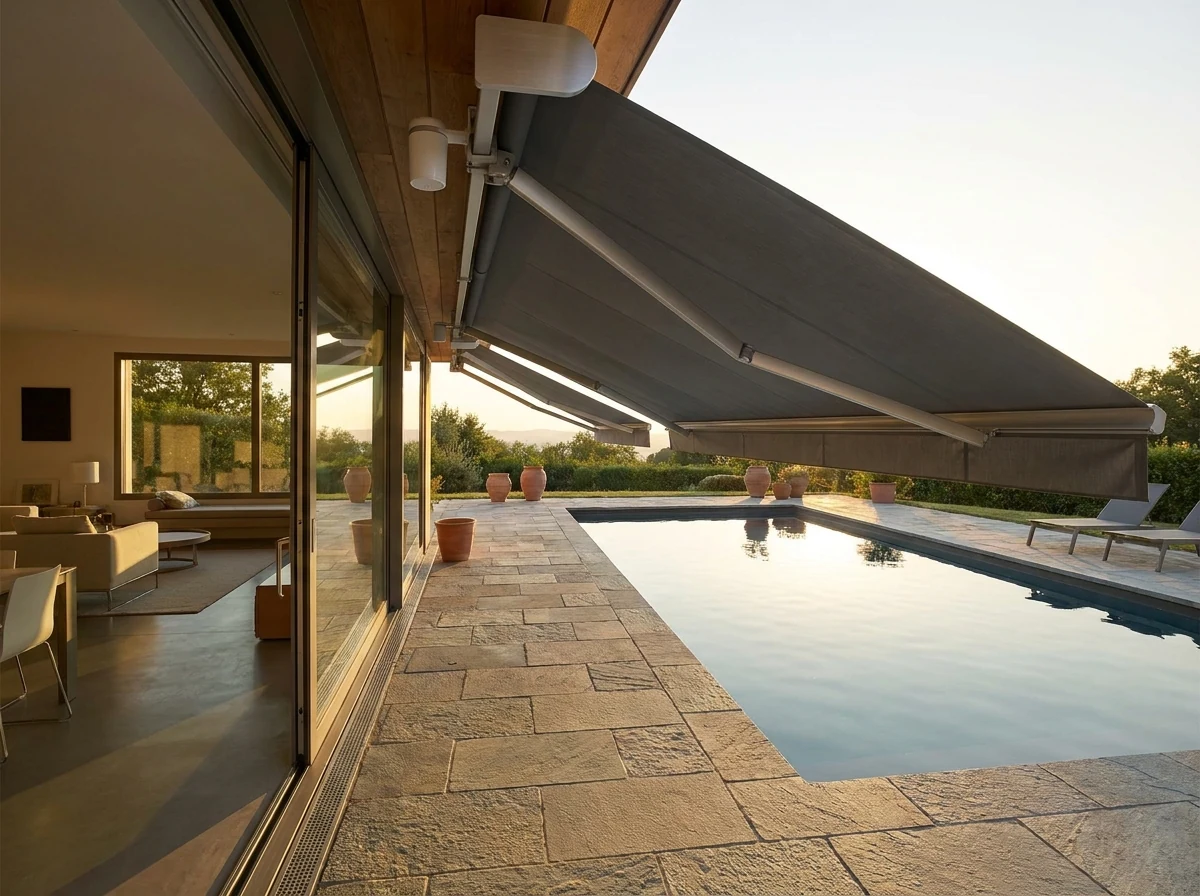 Motorised folding-arm awning extended over a Bishopscourt pool deck, wind sensor mounted discreetly at the headbox