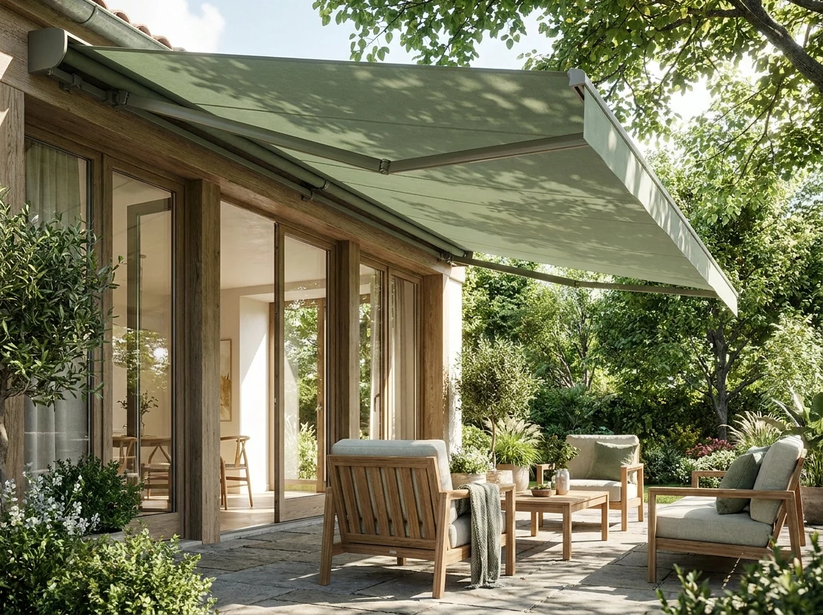 Folding-arm awning extended over a Bishopscourt garden lounge beside tall glazed doors, sage-green canopy