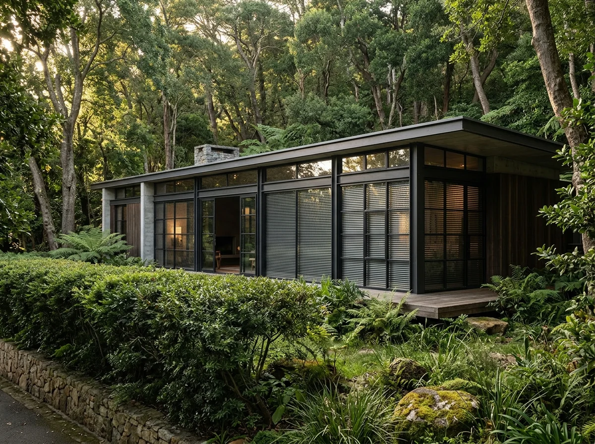Steel-framed casement windows on a mid-century Bishopscourt house fitted with slim aluminium venetian blinds, slats angled against low dappled forest light