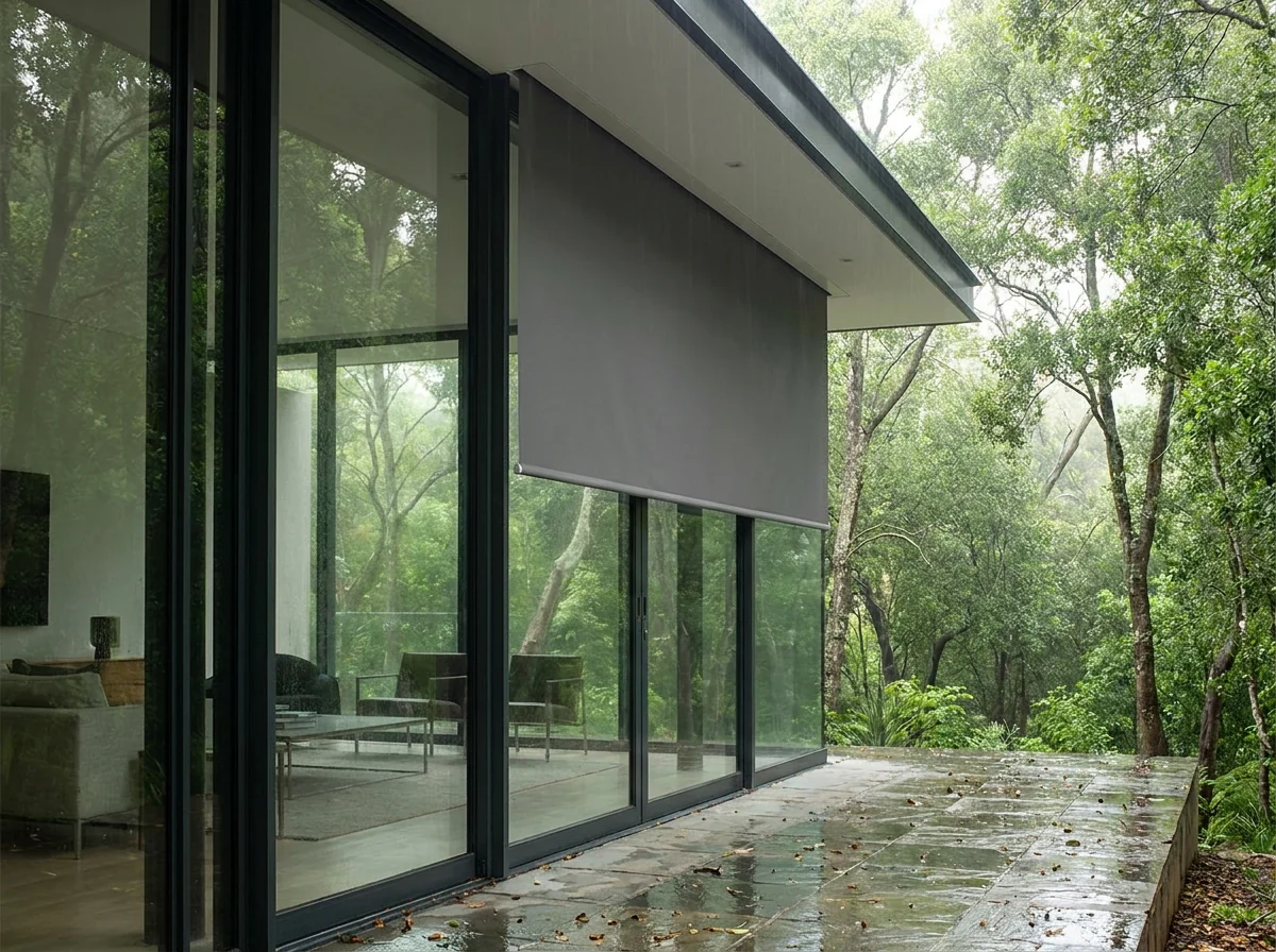 Contemporary double-volume glass extension on a forested Bishopscourt property, a smooth flat blockout roller blind dropping from a concealed ceiling recess over the floor-to-ceiling glazing, wet flagstone terrace after rain