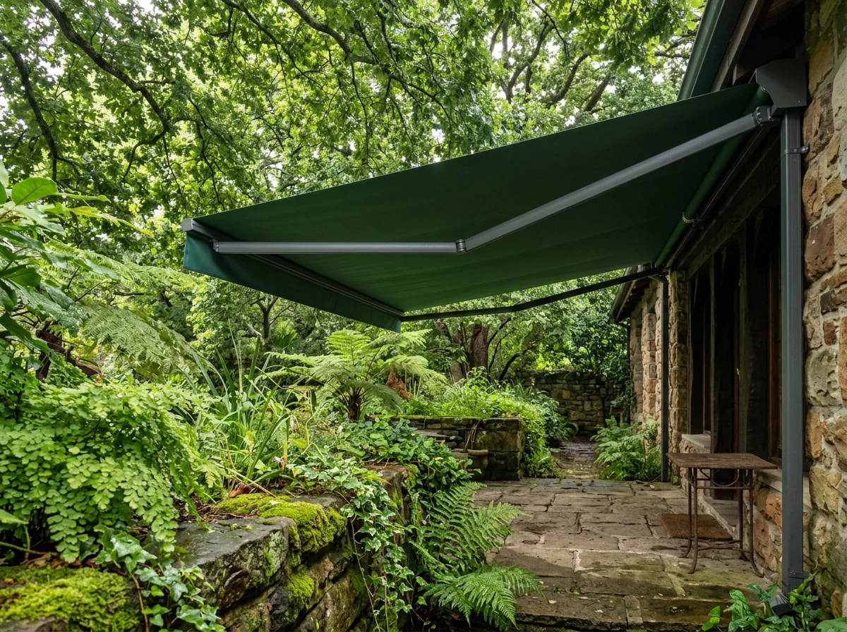 Folding-arm awning with a plain flat canopy extended over a stone patio at a Bishopscourt estate, oak and yellowwood canopy overhead, a damp mossy garden wall and ferns in the foreground