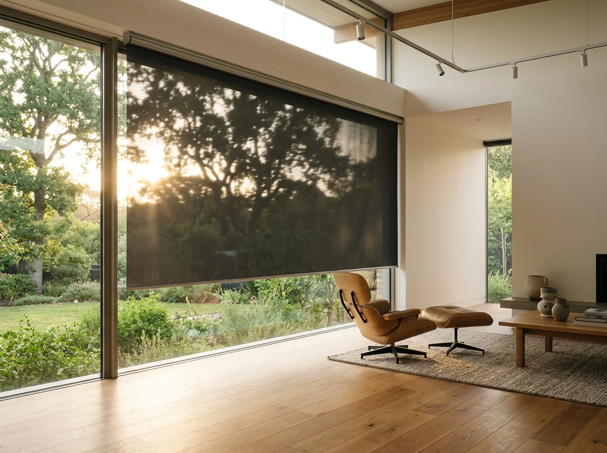 West-facing Bishopscourt living room with a single smooth flat sunscreen roller blind lowered against low afternoon sun, the garden and oaks a soft silhouette through the fine mesh weave