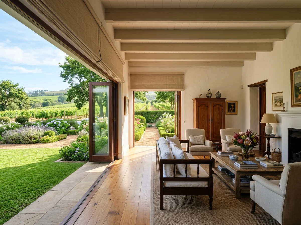 Elegant Cape Dutch-style living room in Constantia with tall folded glass doors opened onto a vineyard-edge garden and distant mountains