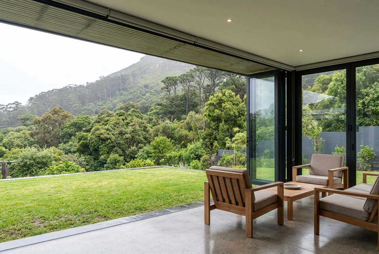 Contemporary garden room in Newlands with floor-to-ceiling folding glass doors open onto a lawn, forested mountain slope rising behind