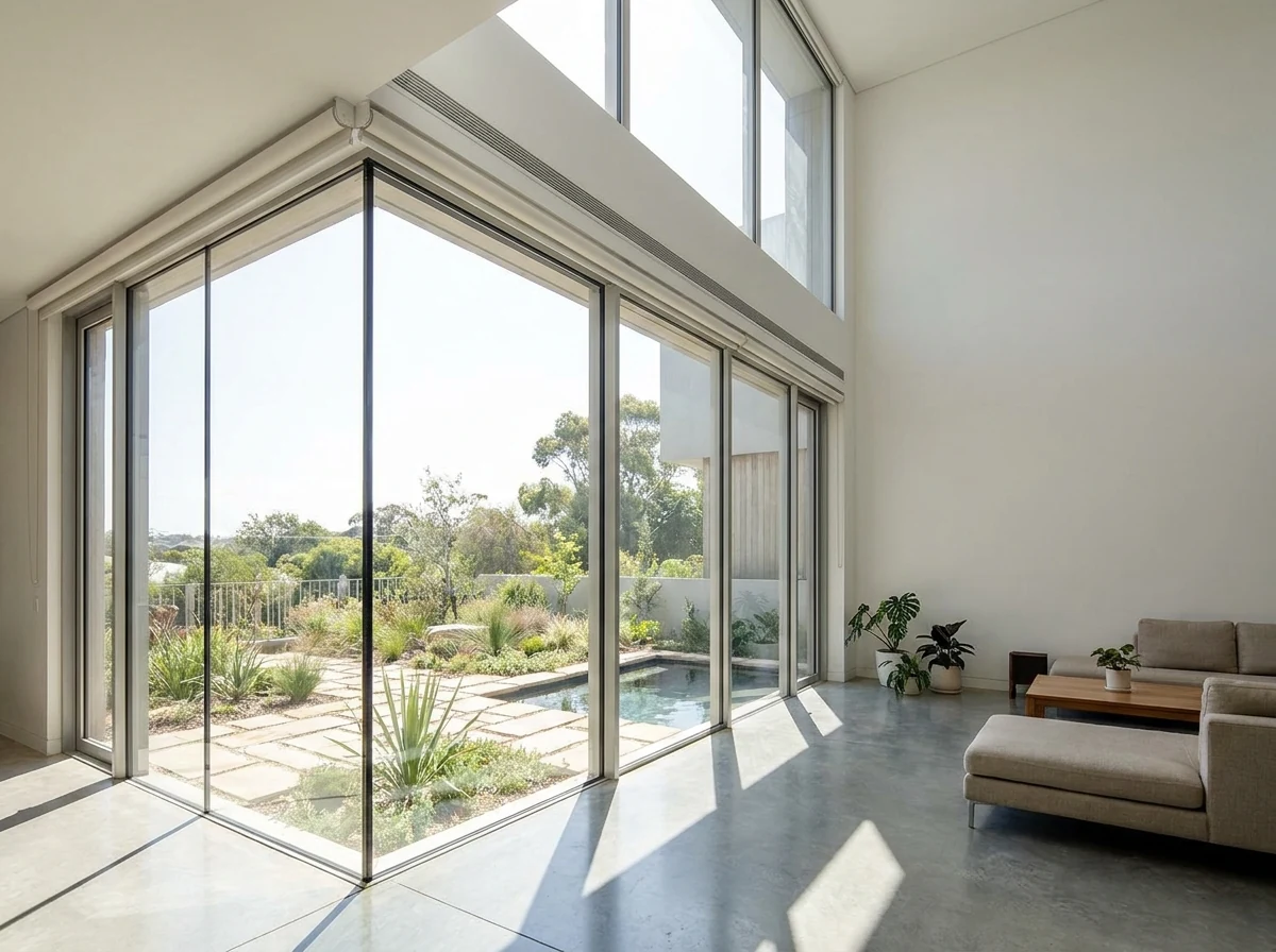 Double-volume living space in a contemporary Bishopscourt addition, full-height glazing framing a sunken garden courtyard beyond