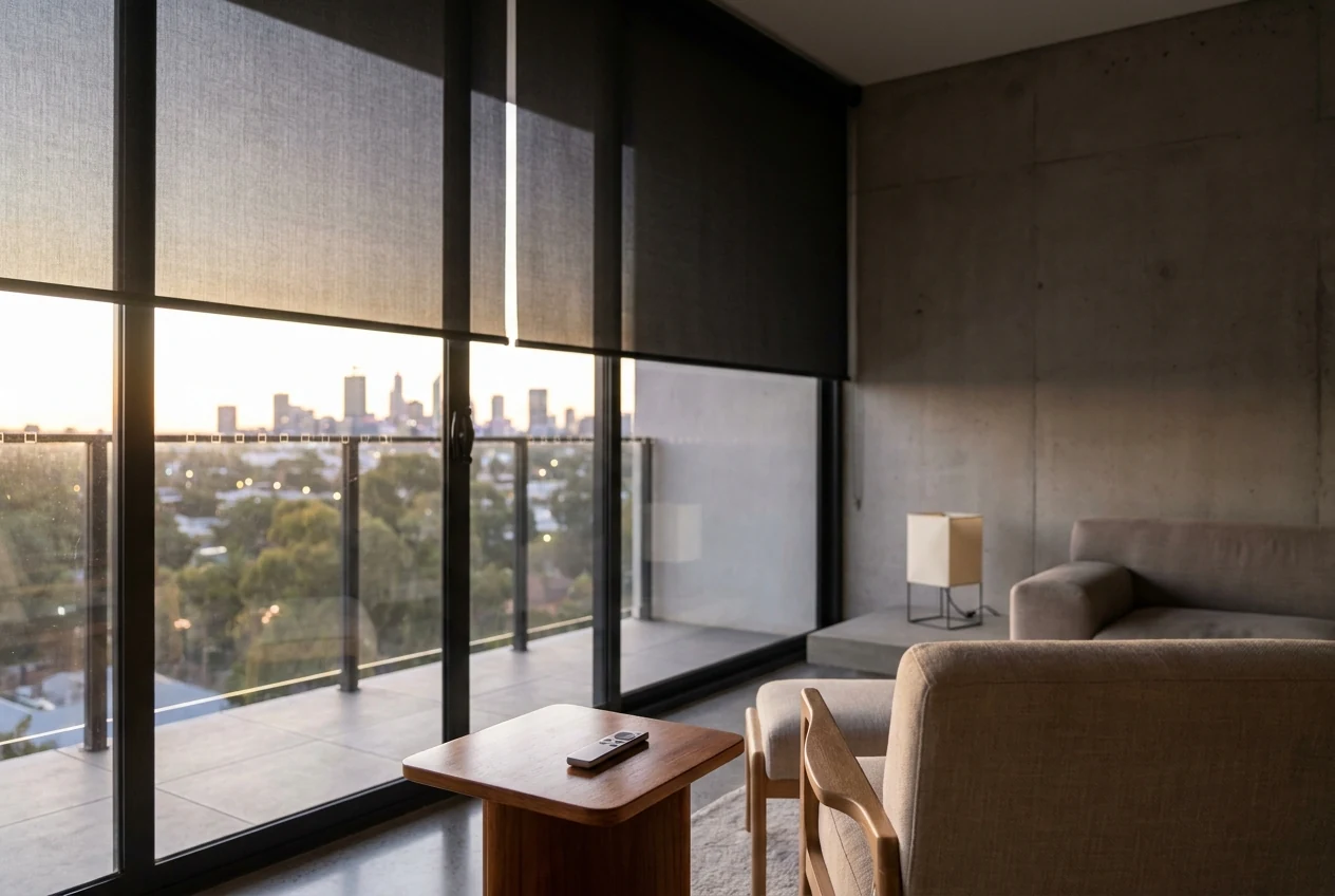 Motorised blind lowered across a floor-to-ceiling window in a contemporary Claremont apartment, remote control resting on a side table