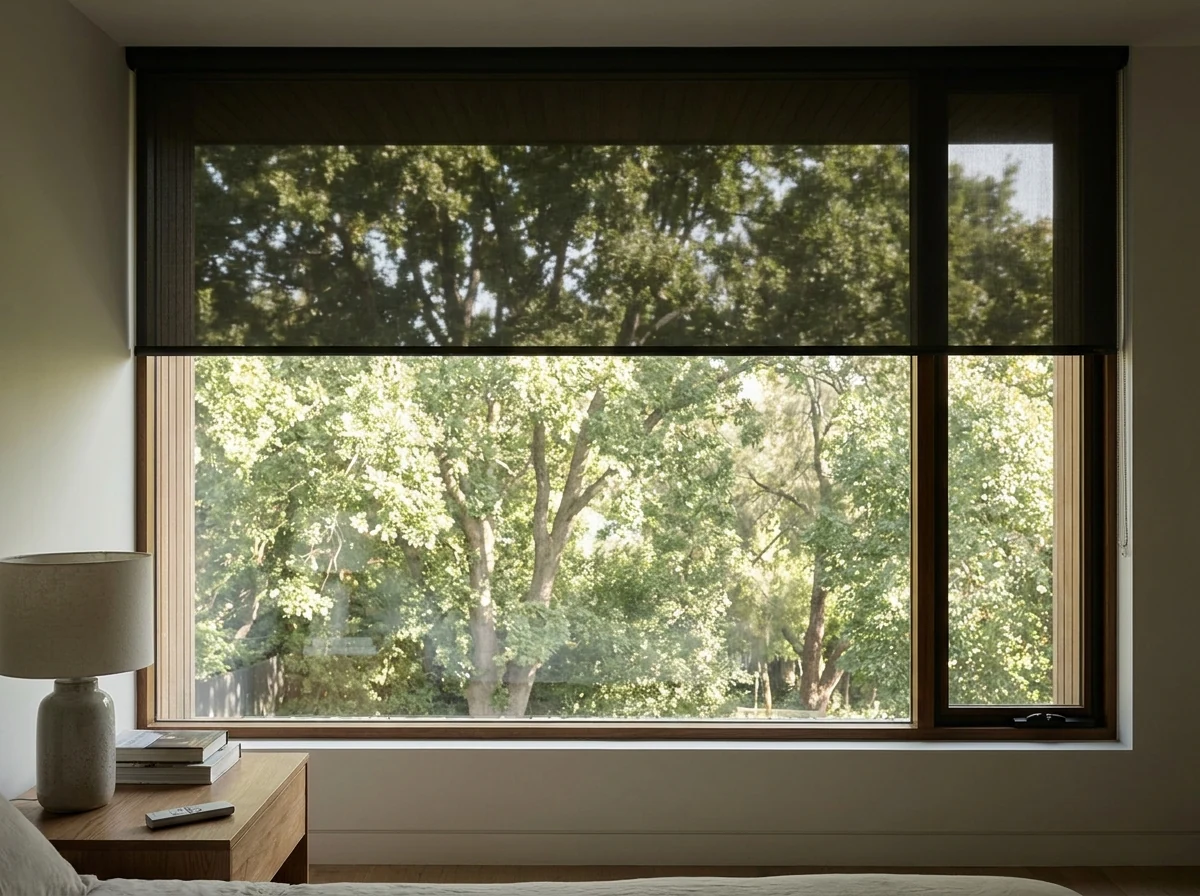 Motorised blind lowered across a wide bedroom window in a Newlands home shaded by tall trees