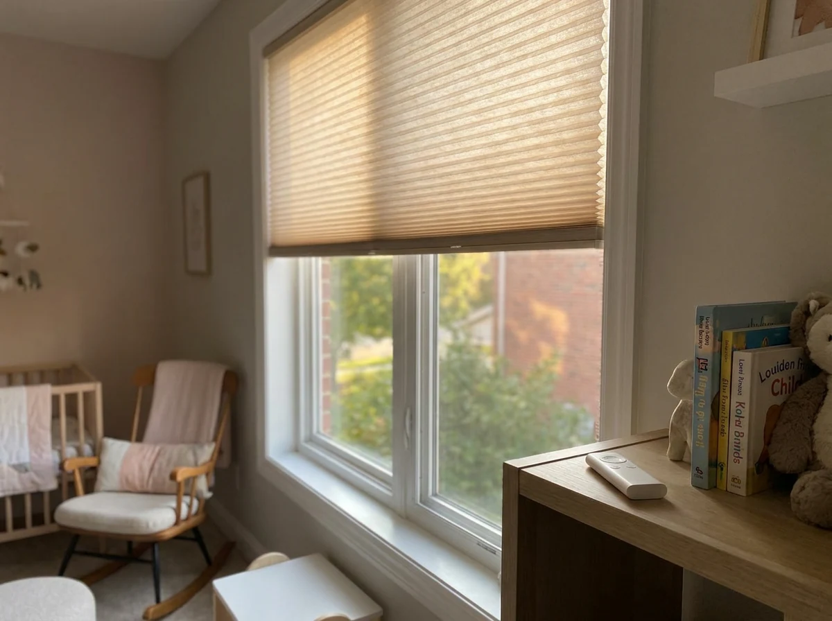 Motorised cellular blind lowered across a Bishopscourt nursery window, pleated fabric catching soft afternoon light