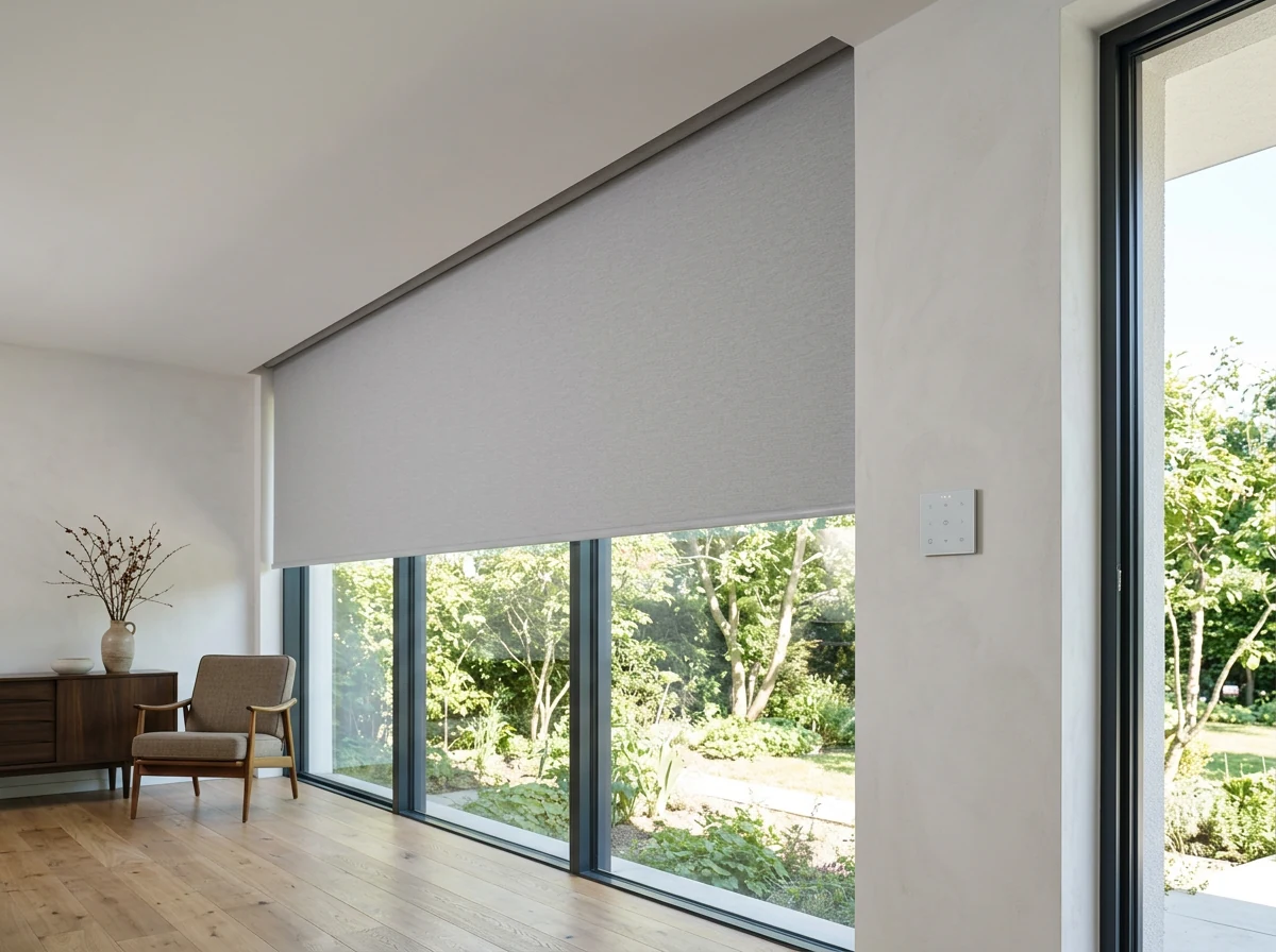 Motorised blind lowered from a concealed ceiling recess across a wide Bishopscourt window, control panel on the adjacent wall