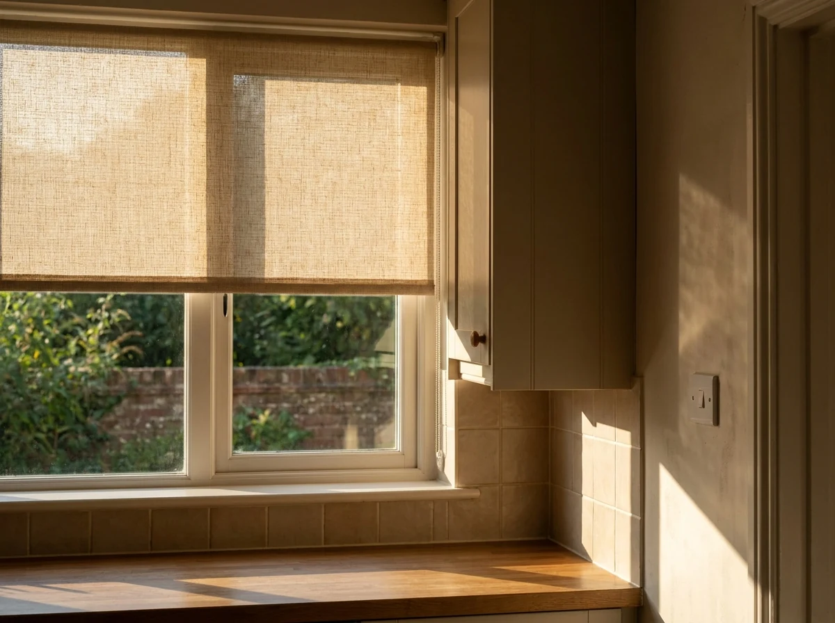 Motorised roller blind lowered across a kitchen window above a countertop, small wall switch beside the cabinetry