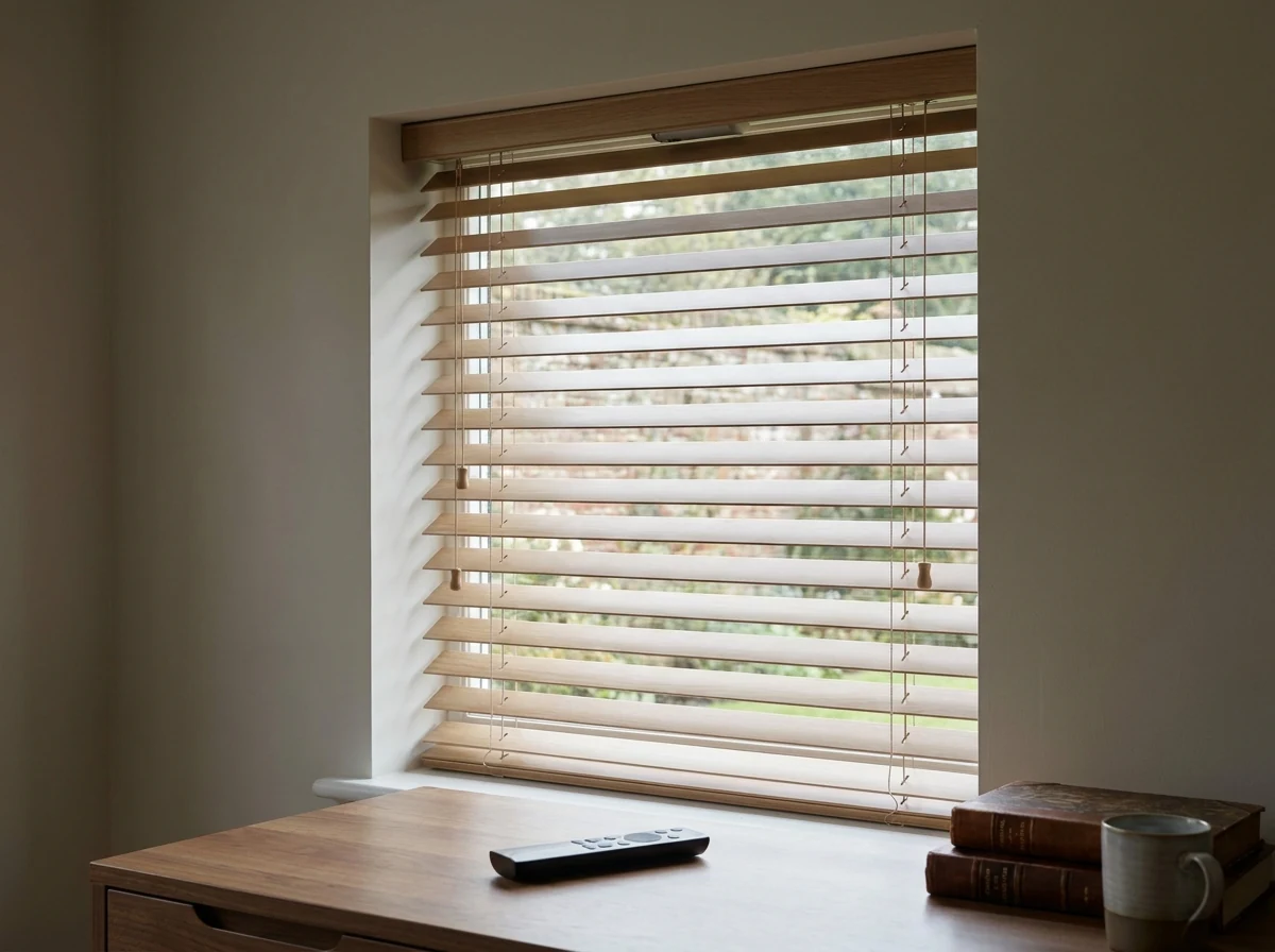 Motorised venetian blind with slats tilted to a set angle across a Bishopscourt study window, remote on the desk below