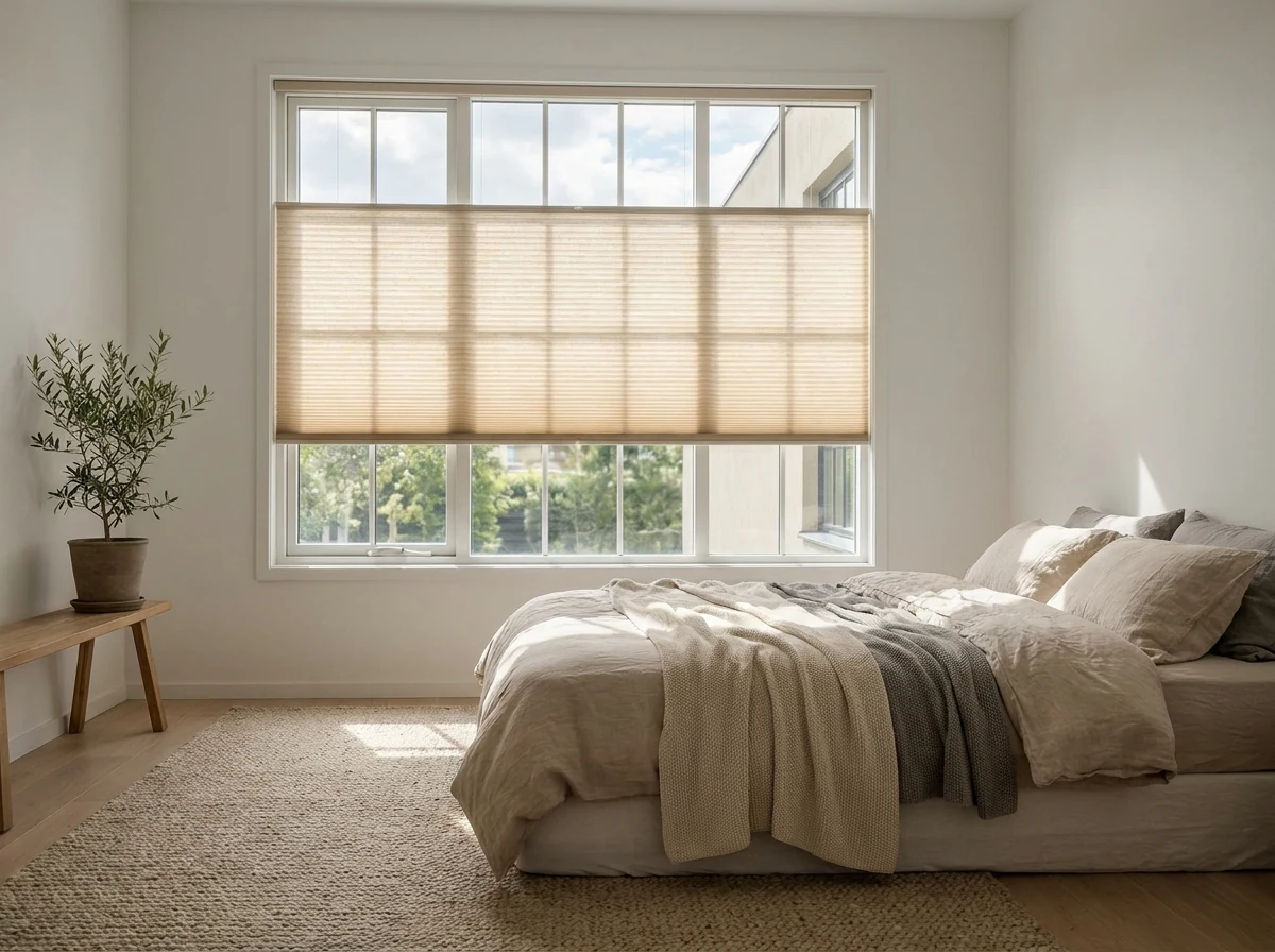 Cellular honeycomb blind part-lowered over a large Bishopscourt bedroom window, pleated fabric softening daylight onto neutral bedding