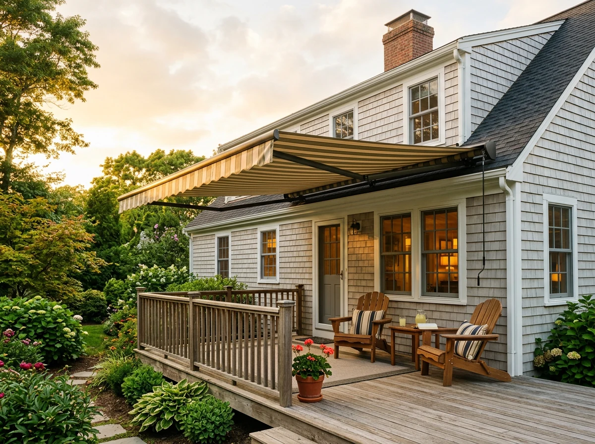 Folding-arm awning extended over a covered timber deck at a Bishopscourt home, striped canopy catching golden-hour light
